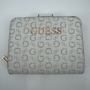Guess Monogram Logo Wallet Cream Beige Zip Around ID Window